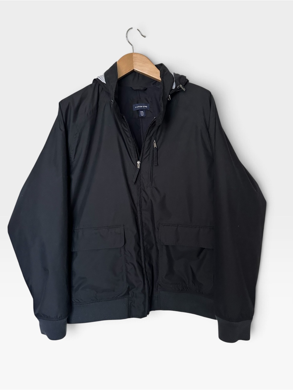 Lands' End Men's Black Hooded Jacket with Front Flap Pockets Size XXL